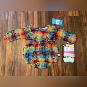 Rufflebutts Rainbow Plaid Bubble Jumper and Footless Tights 3-6M